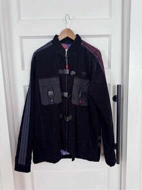 adidas Black Corduroy Bomber Jacket with Purple Stripe Accents